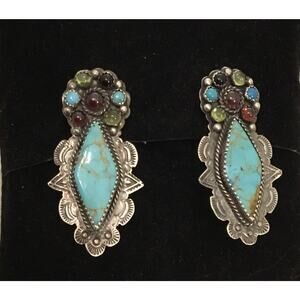 Vintage Silver Cloud Sterling Turquoise Gemstone Southwestern Clip Earrings 2”